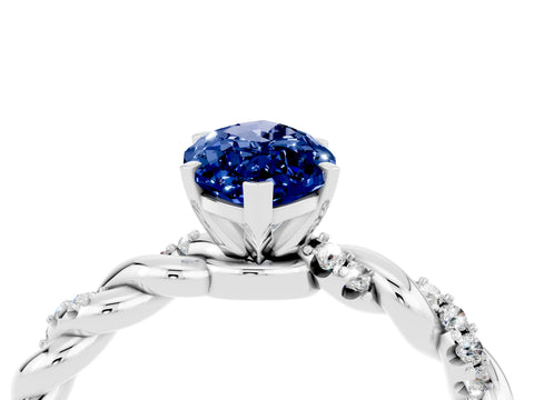 White gold Marquise Cut Blue Sapphire Solitaire Ring with Twisted Band and Pavé Accents_4