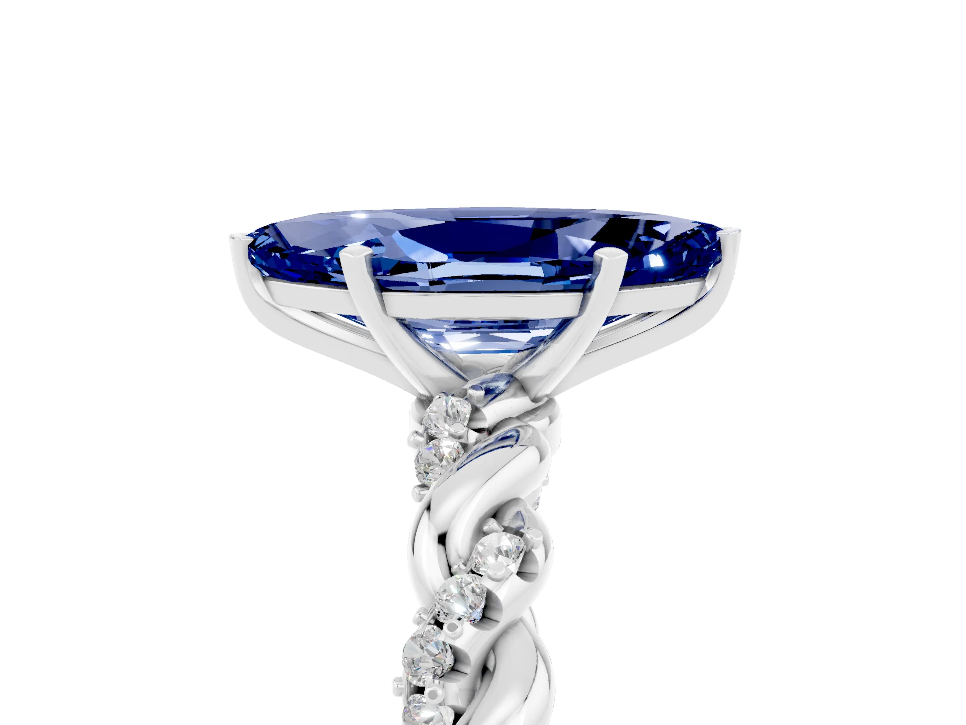 White gold Marquise Cut Blue Sapphire Solitaire Ring with Twisted Band and Pavé Accents_5