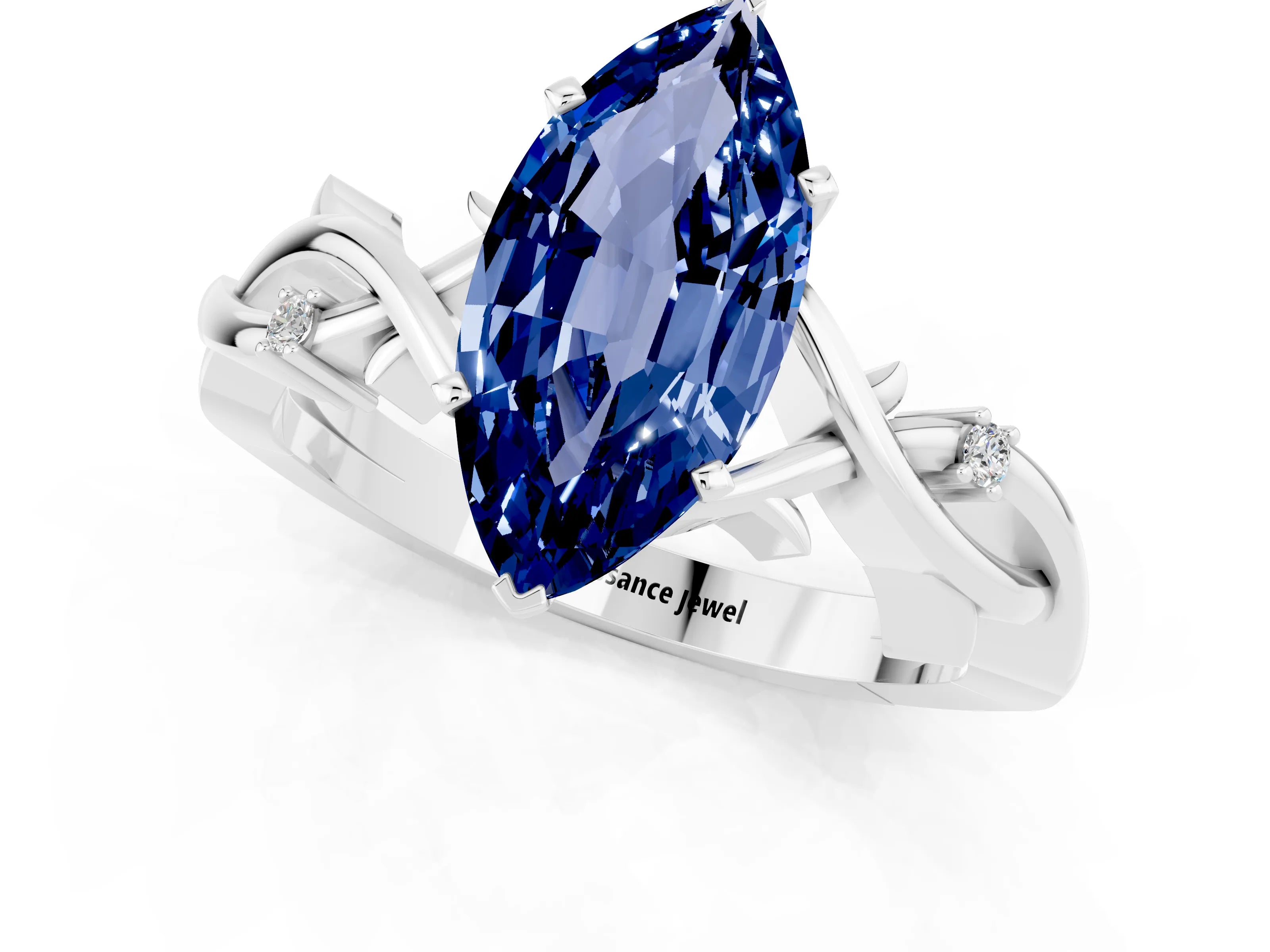 White gold Marquise Cut Blue Sapphire Solitaire Ring with Twisted Band and Prong Setting_13