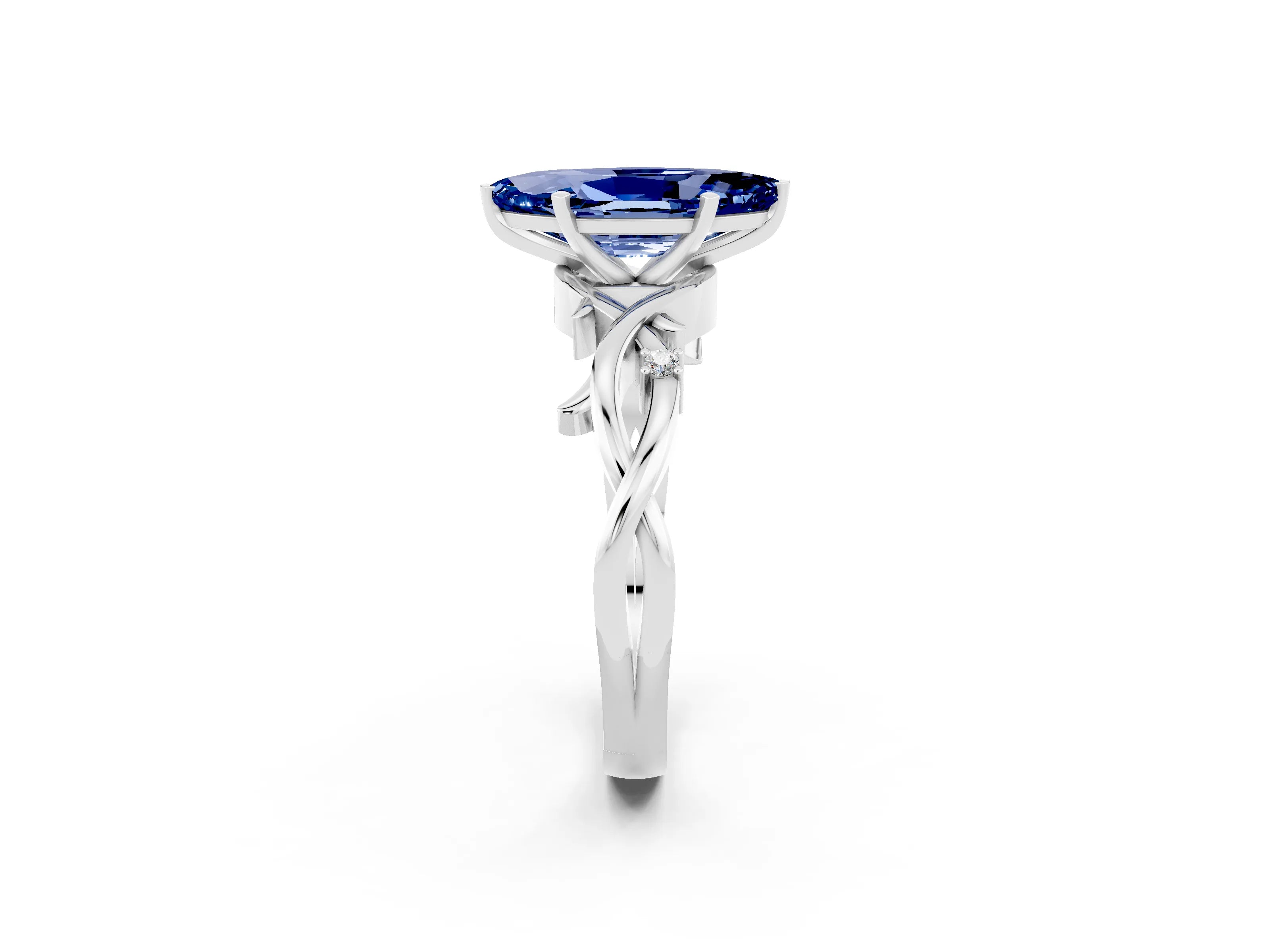 White gold Marquise Cut Blue Sapphire Solitaire Ring with Twisted Band and Prong Setting_14