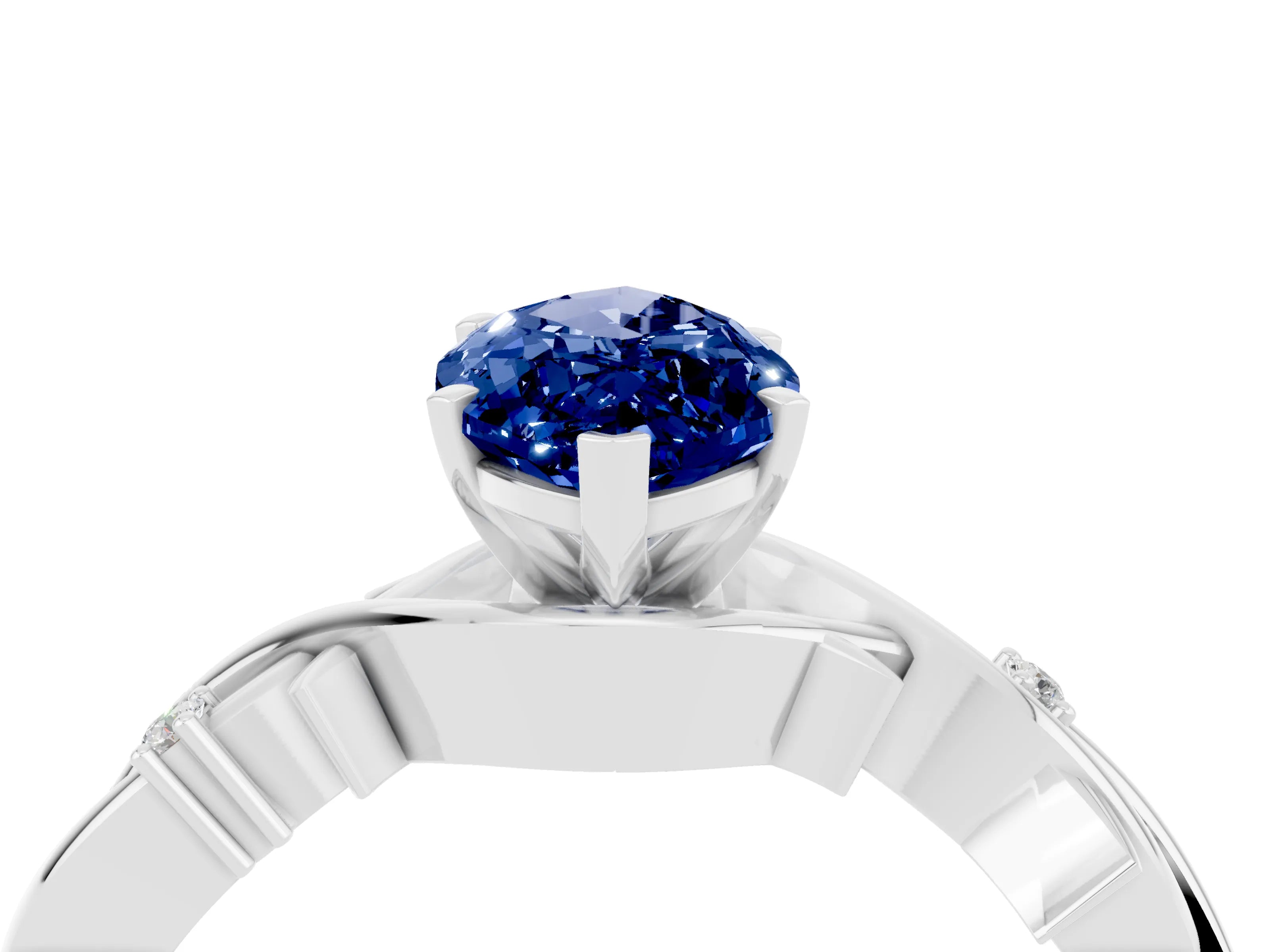 White gold Marquise Cut Blue Sapphire Solitaire Ring with Twisted Band and Prong Setting_16