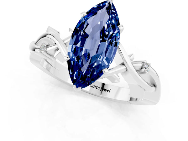 Silver Marquise Cut Blue Sapphire Solitaire Ring with Twisted Band and Prong Setting