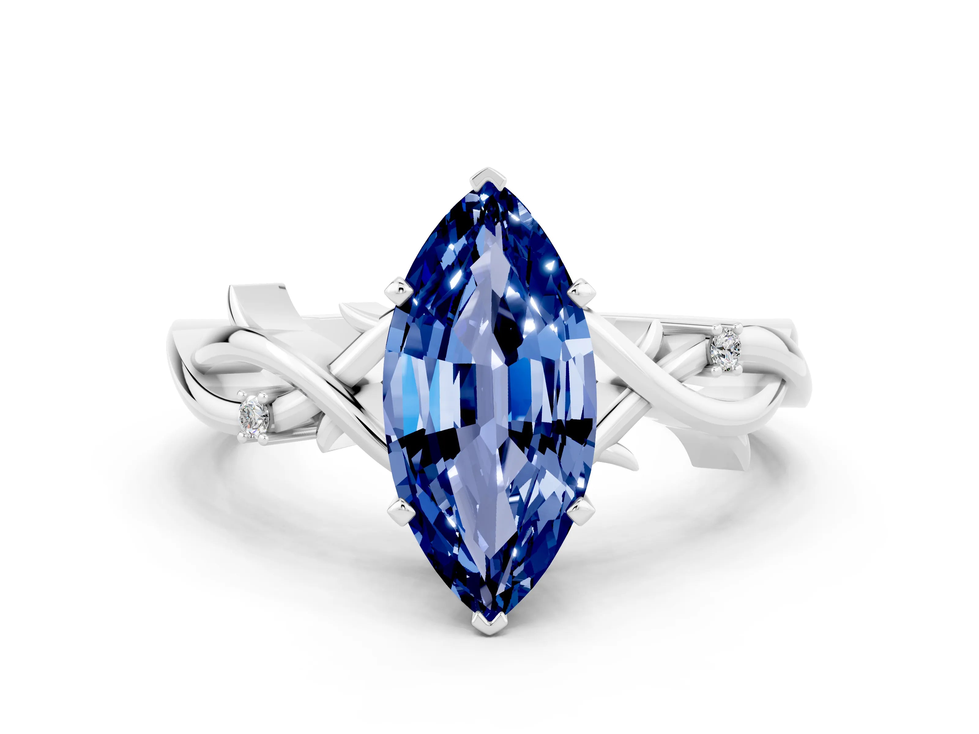 White gold Marquise Cut Blue Sapphire Solitaire Ring with Twisted Band and Prong Setting