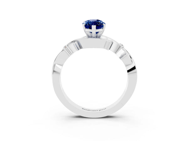 Platinum Marquise Cut Blue Sapphire Solitaire Ring with Twisted Band and Prong Setting