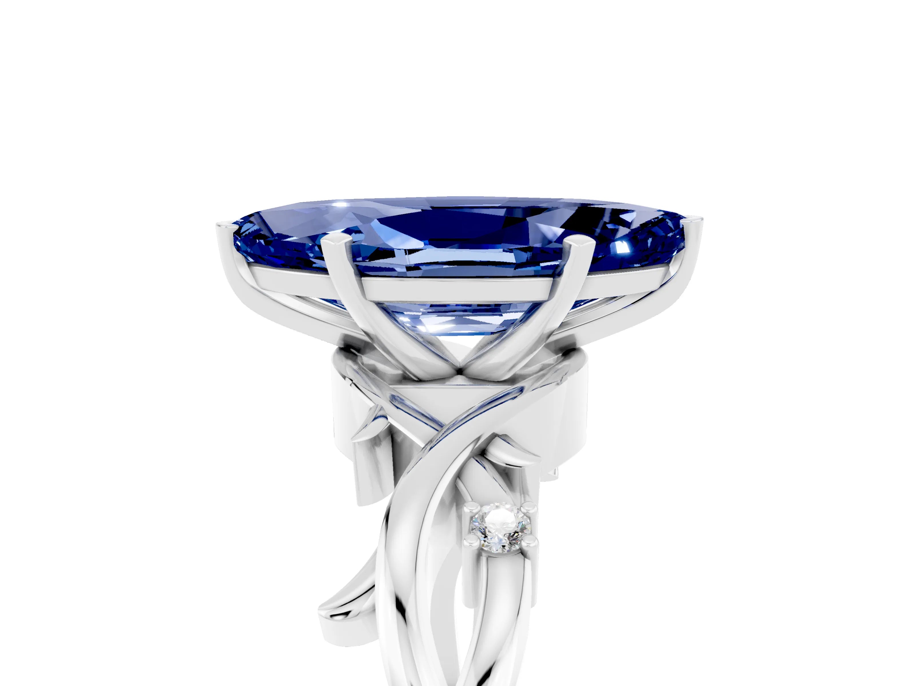White gold Marquise Cut Blue Sapphire Solitaire Ring with Twisted Band and Prong Setting_5