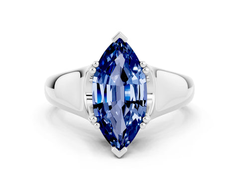 White gold Marquise Cut Blue Sapphire Solitaire Ring with Wide Band and Prong Setting