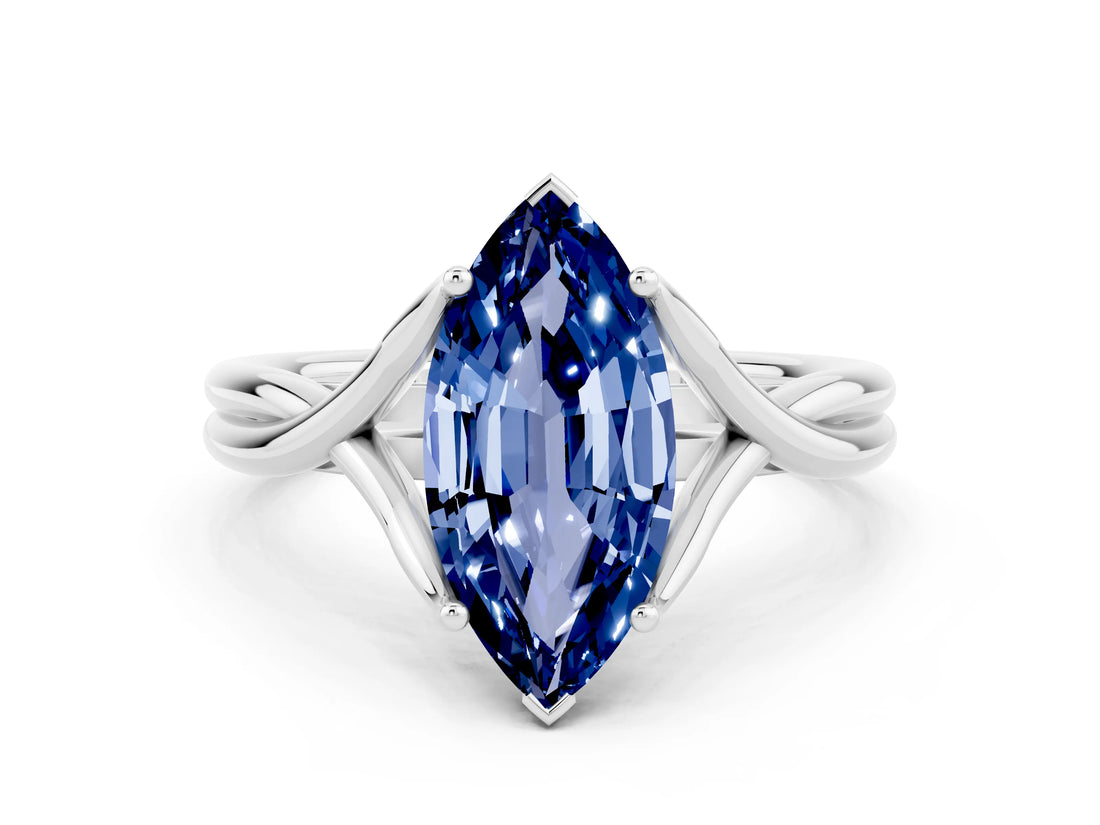 White gold Marquise Cut Blue Sapphire Solitaire Twist Band Prong Setting Ring_48