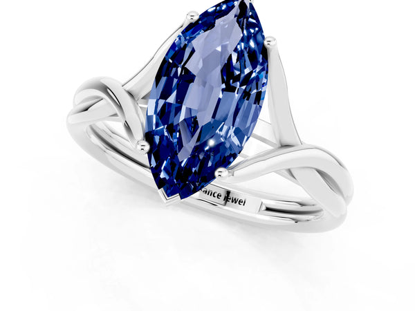 White gold Marquise Cut Blue Sapphire Solitaire Twist Band Prong Setting Ring