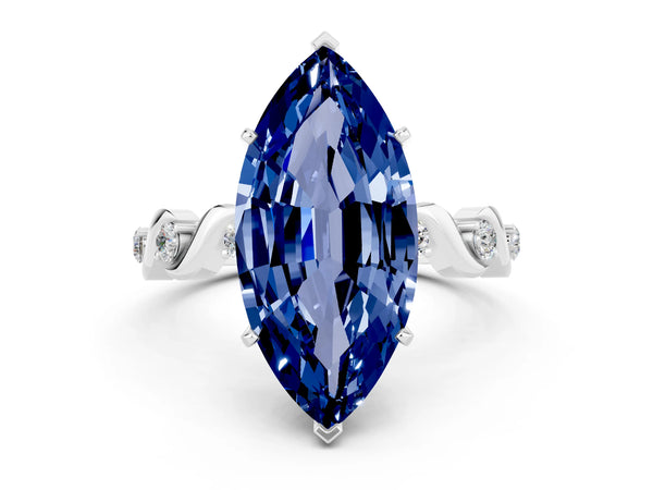 Silver Marquise Cut Blue Sapphire Solitaire Twisted Band with Round  Accents and Prong Setting