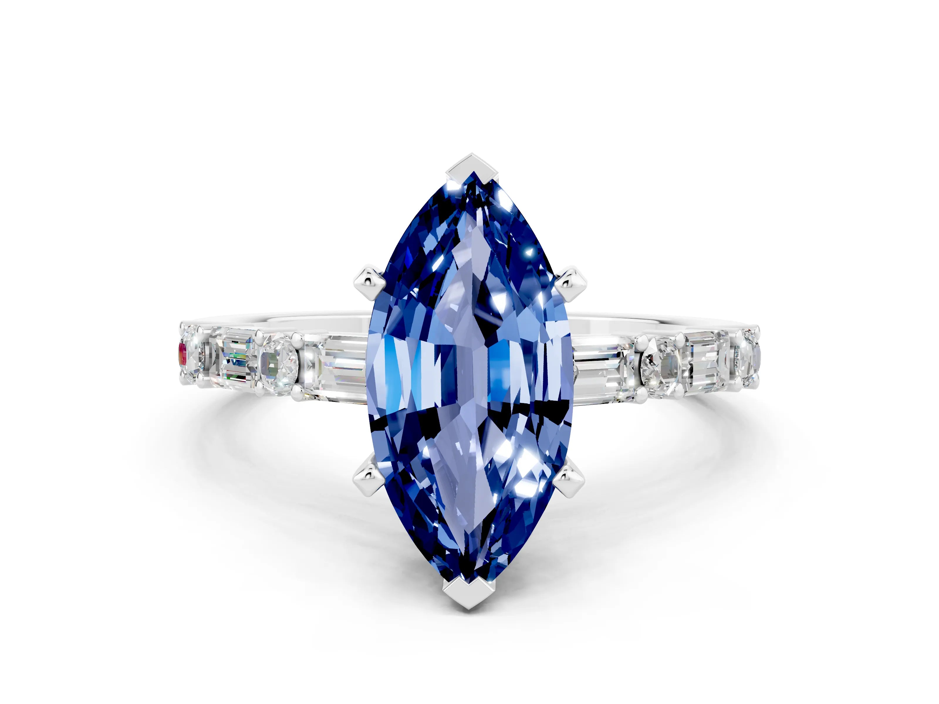 White gold Marquise Cut Blue Sapphire Solitaire with Side Baguettes and Channel Set Band