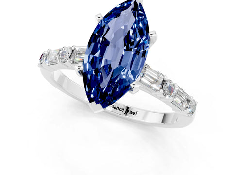 White gold Marquise Cut Blue Sapphire Solitaire with Side Baguettes and Channel Set Band_1