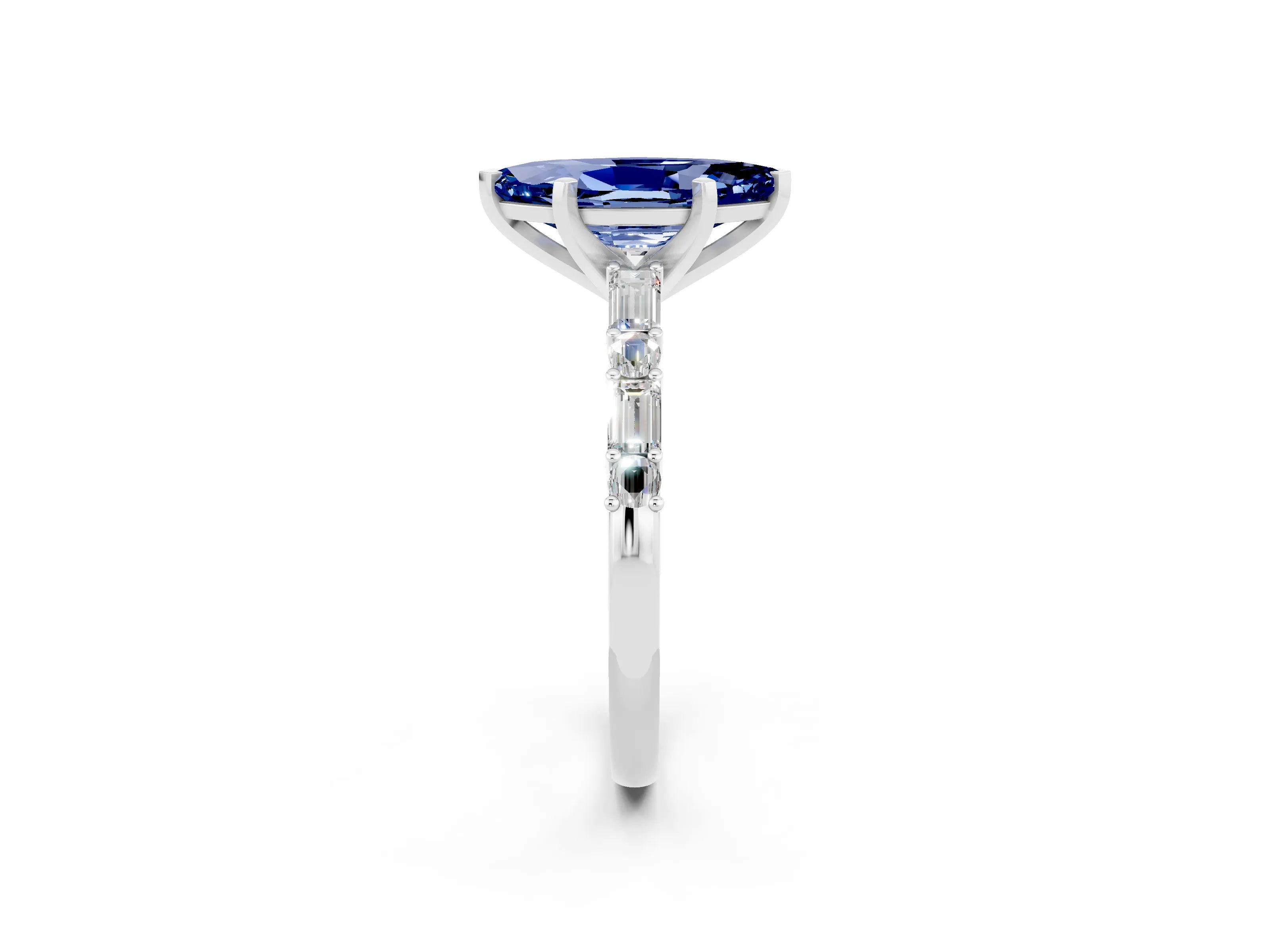 White gold Marquise Cut Blue Sapphire Solitaire with Side Baguettes and Channel Set Band_2