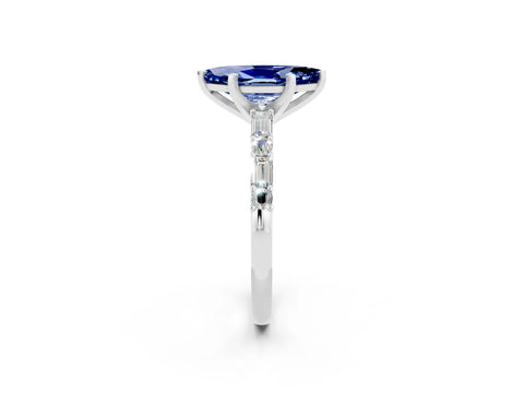 White gold Marquise Cut Blue Sapphire Solitaire with Side Baguettes and Channel Set Band_2