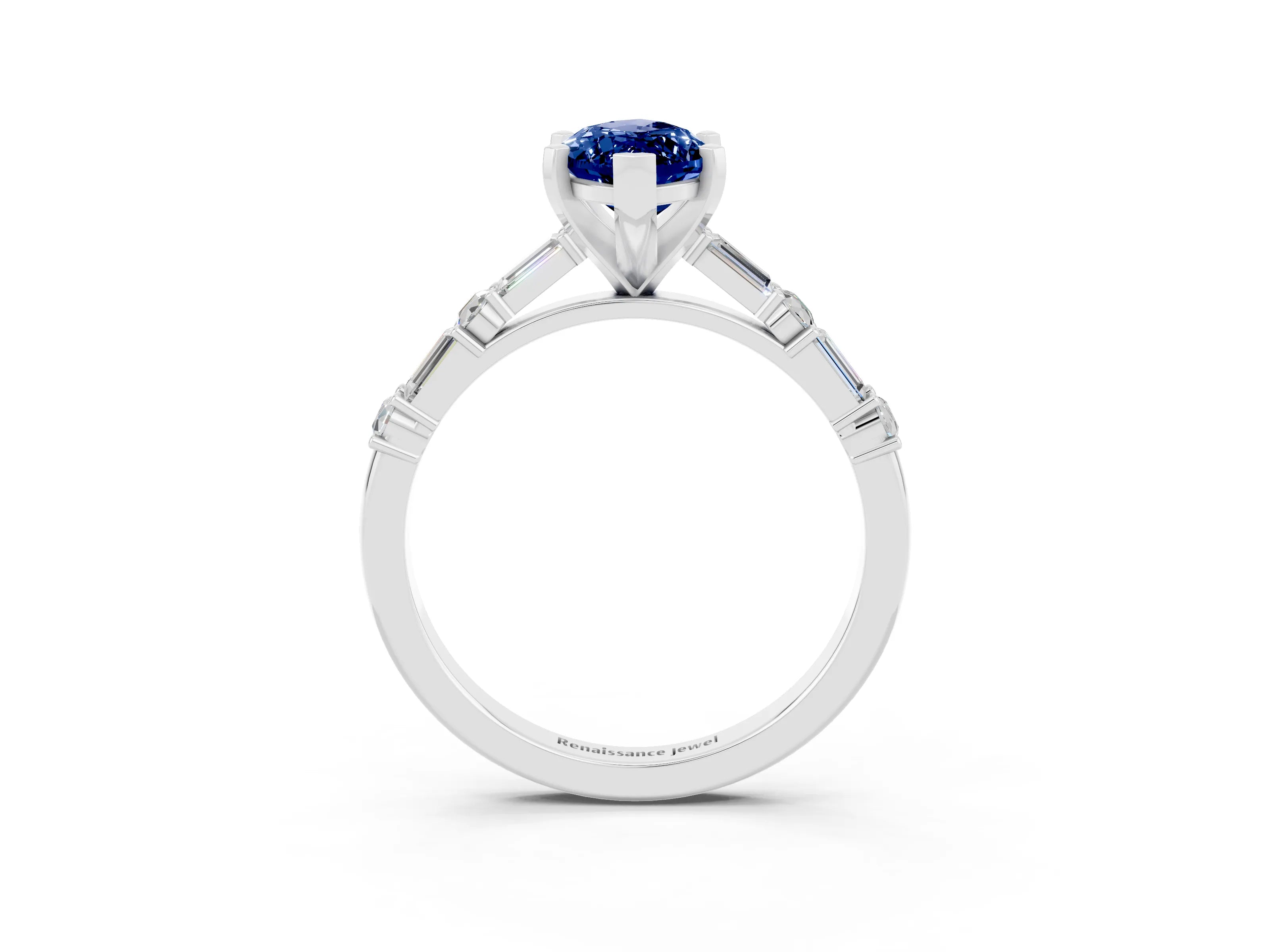 White gold Marquise Cut Blue Sapphire Solitaire with Side Baguettes and Channel Set Band_3