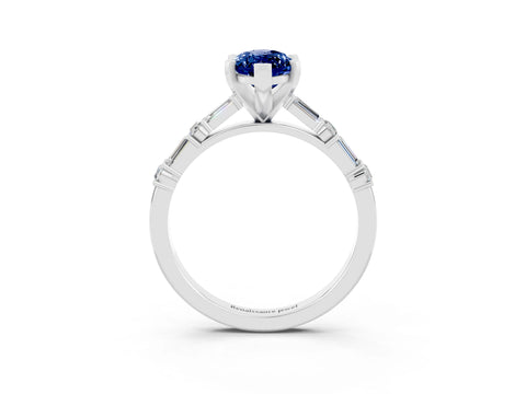 White gold Marquise Cut Blue Sapphire Solitaire with Side Baguettes and Channel Set Band_3