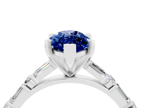 White gold Marquise Cut Blue Sapphire Solitaire with Side Baguettes and Channel Set Band_4