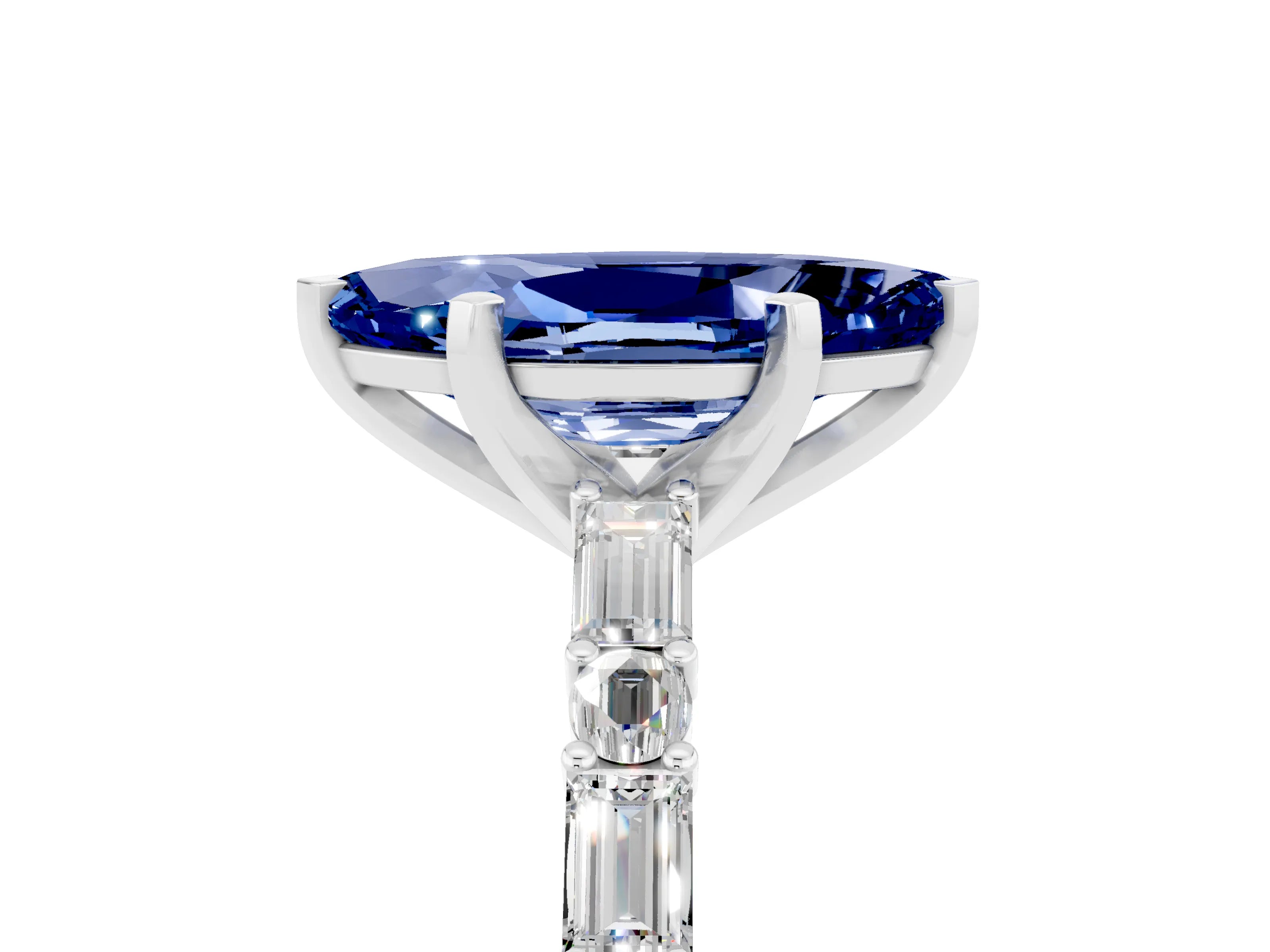 White gold Marquise Cut Blue Sapphire Solitaire with Side Baguettes and Channel Set Band_5