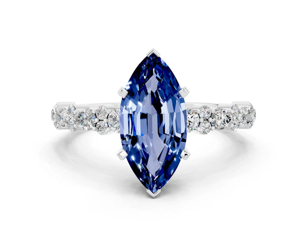Platinum Marquise Cut Blue Sapphire Side Stone Solitaire Ring with Round  and Four-Prong Setting