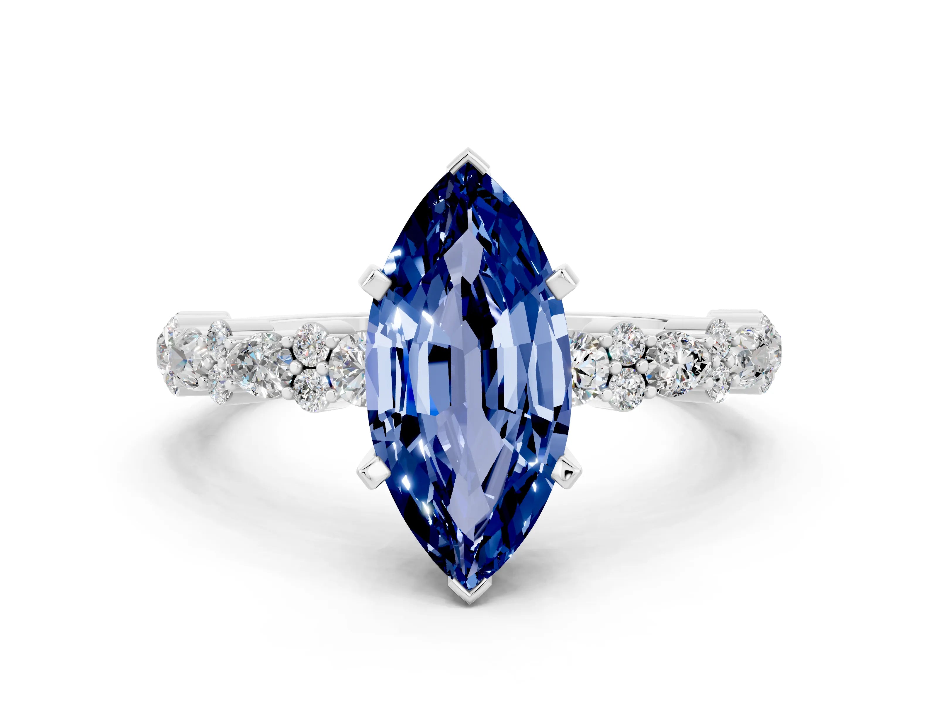 White gold Marquise Cut Blue Sapphire Solitaire with Side Stones, Pave Band, Four-Prong Setting_36