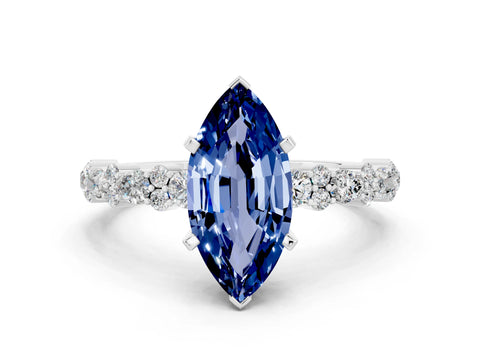 White gold Marquise Cut Blue Sapphire Solitaire with Side Stones, Pave Band, Four-Prong Setting_36