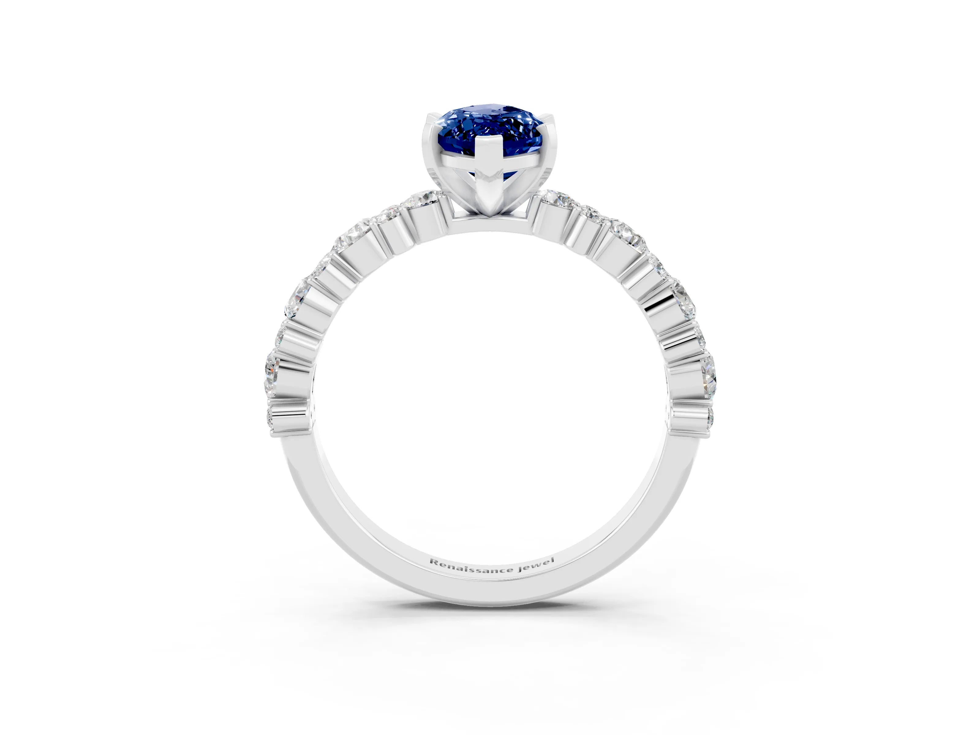 White gold Marquise Cut Blue Sapphire Solitaire with Side Stones, Pave Band, Four-Prong Setting_39