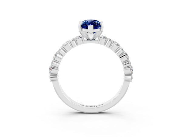 Silver Marquise Cut Blue Sapphire Side Stone Solitaire Ring with Round  and Four-Prong Setting