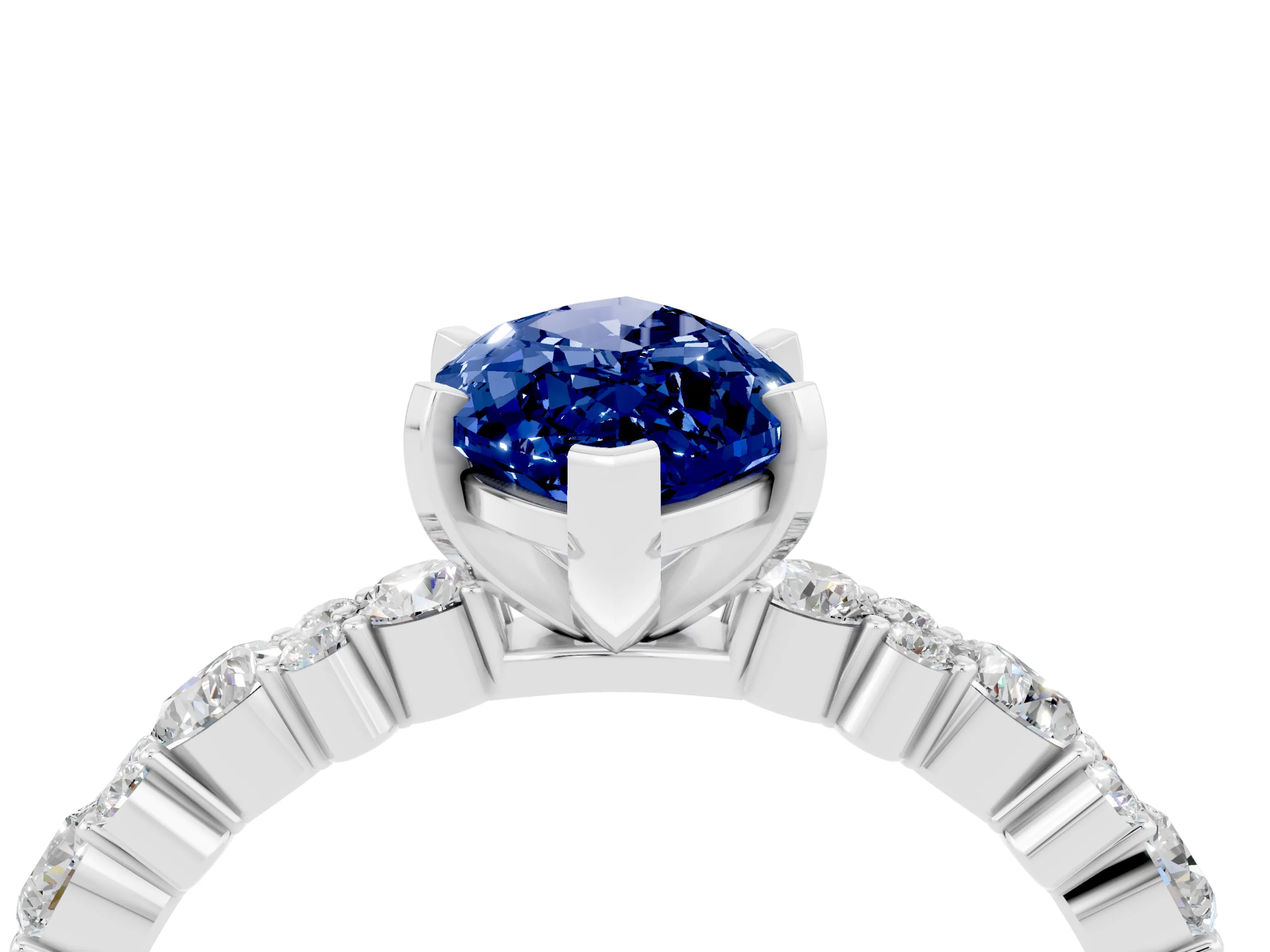 White gold Marquise Cut Blue Sapphire Solitaire with Side Stones, Pave Band, Four-Prong Setting_40