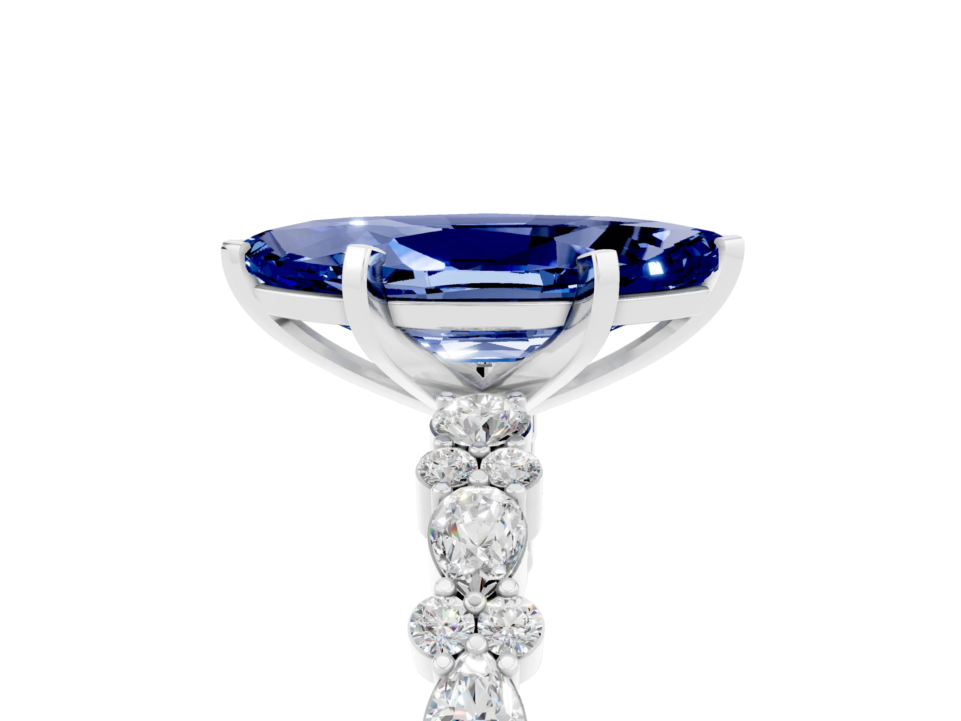 White gold Marquise Cut Blue Sapphire Solitaire with Side Stones, Pave Band, Four-Prong Setting_41