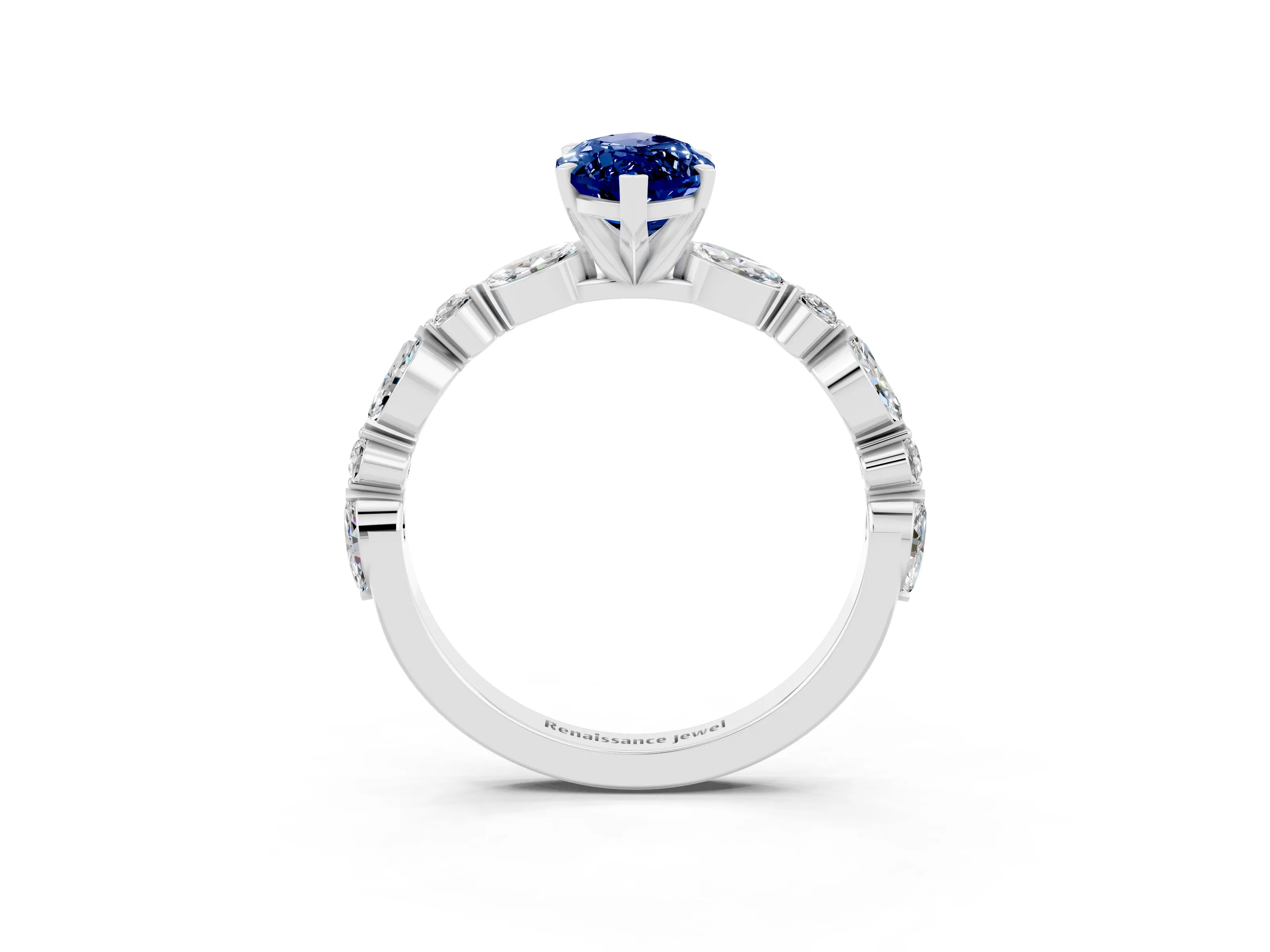 White gold Marquise Cut Blue Sapphire Solitaire with Side Stones on a Pavé Band and Four-Prong Setting_3