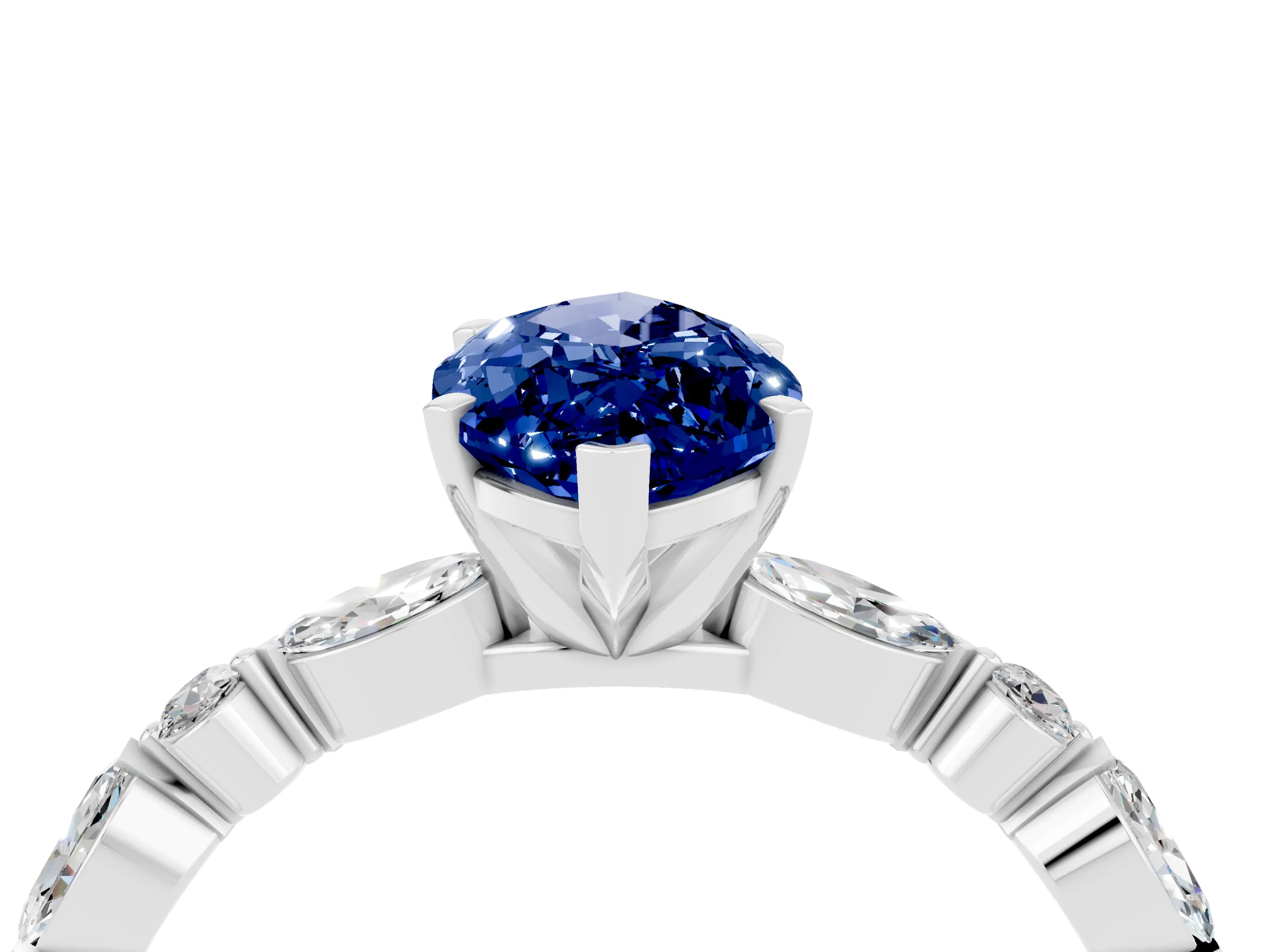 White gold Marquise Cut Blue Sapphire Solitaire with Side Stones on a Pavé Band and Four-Prong Setting_4