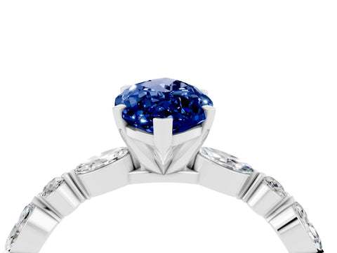 White gold Marquise Cut Blue Sapphire Solitaire with Side Stones on a Pavé Band and Four-Prong Setting_4