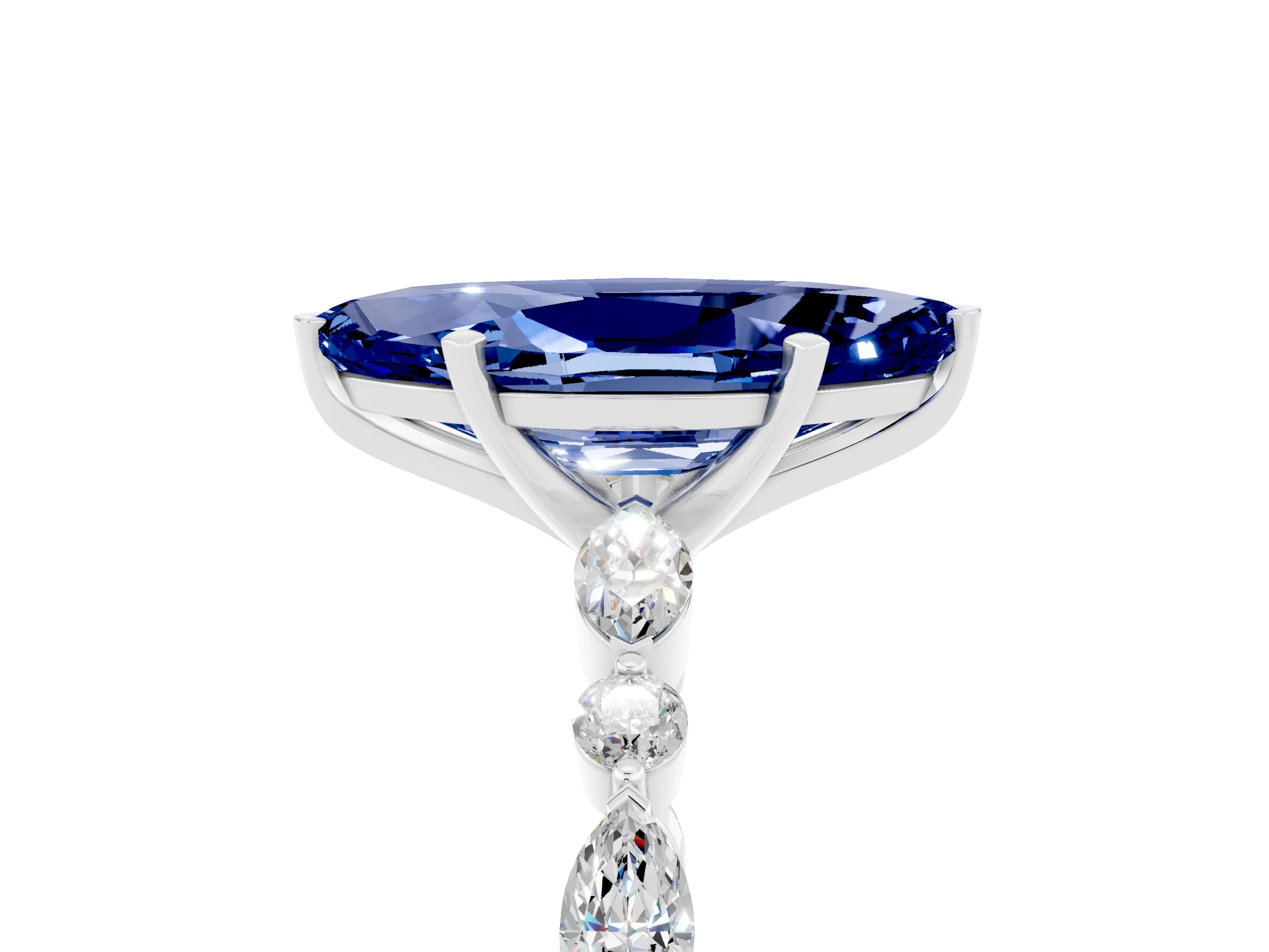 White gold Marquise Cut Blue Sapphire Solitaire with Side Stones on a Pavé Band and Four-Prong Setting_5