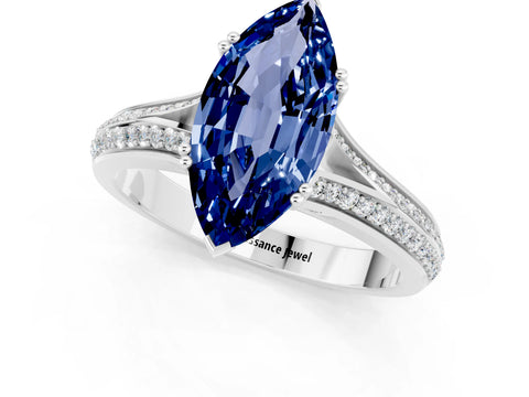 White gold Marquise Cut Blue Sapphire Split Shank Engagement Ring with Pavé Band_1