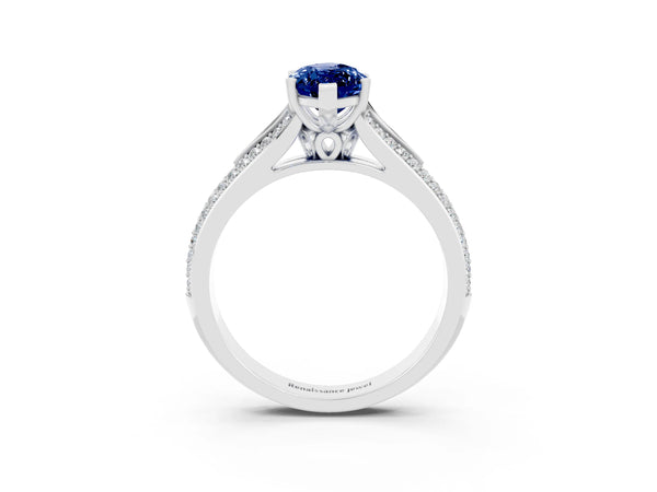 White gold Marquise Cut Blue Sapphire Split Shank Engagement Ring with Pavé Band