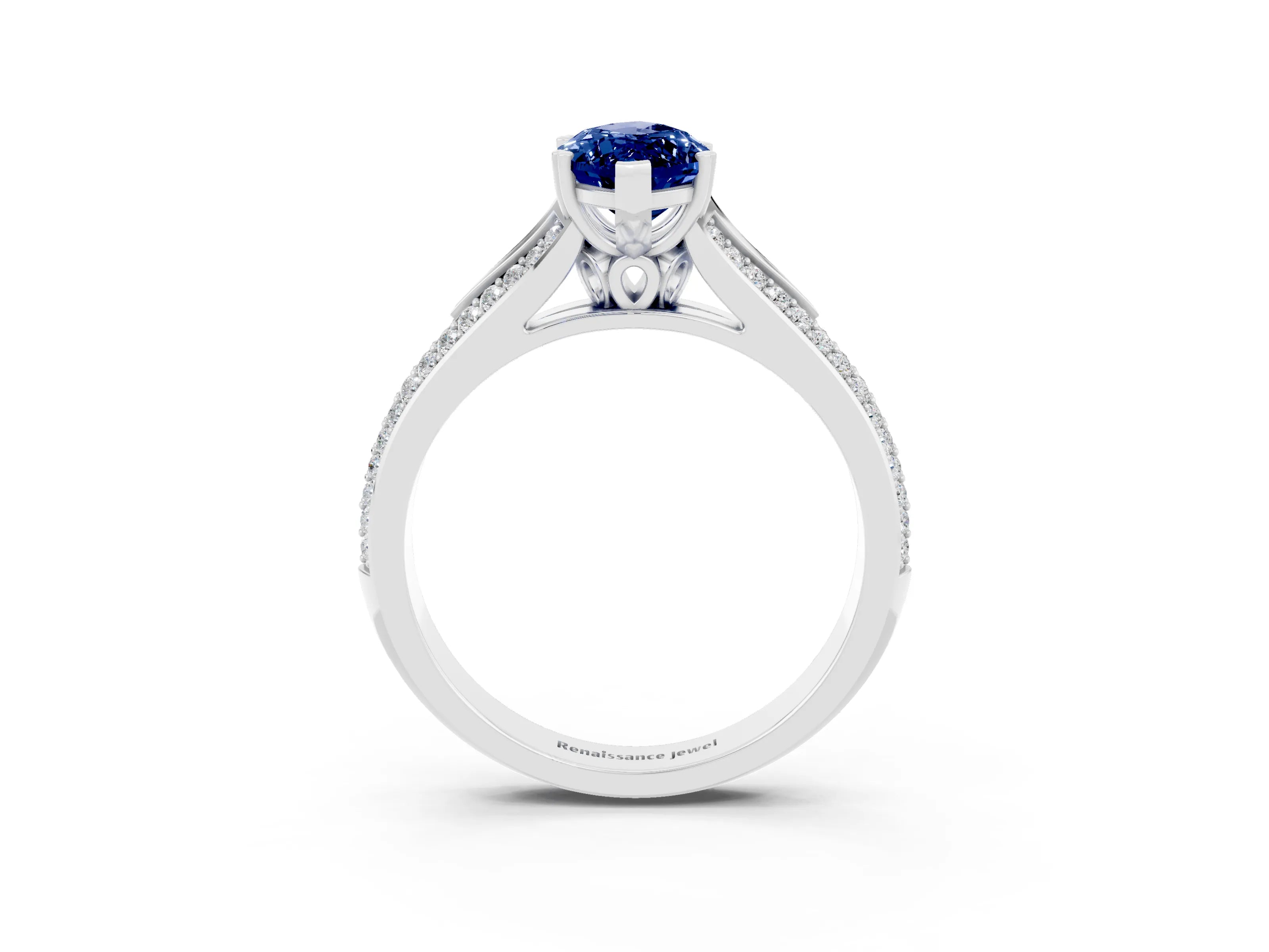 White gold Marquise Cut Blue Sapphire Split Shank Engagement Ring with Pavé Band_3