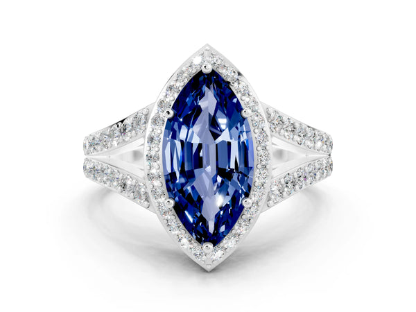 Silver Marquise Cut Blue Sapphire Split Shank Halo Ring with Four-Prong Setting