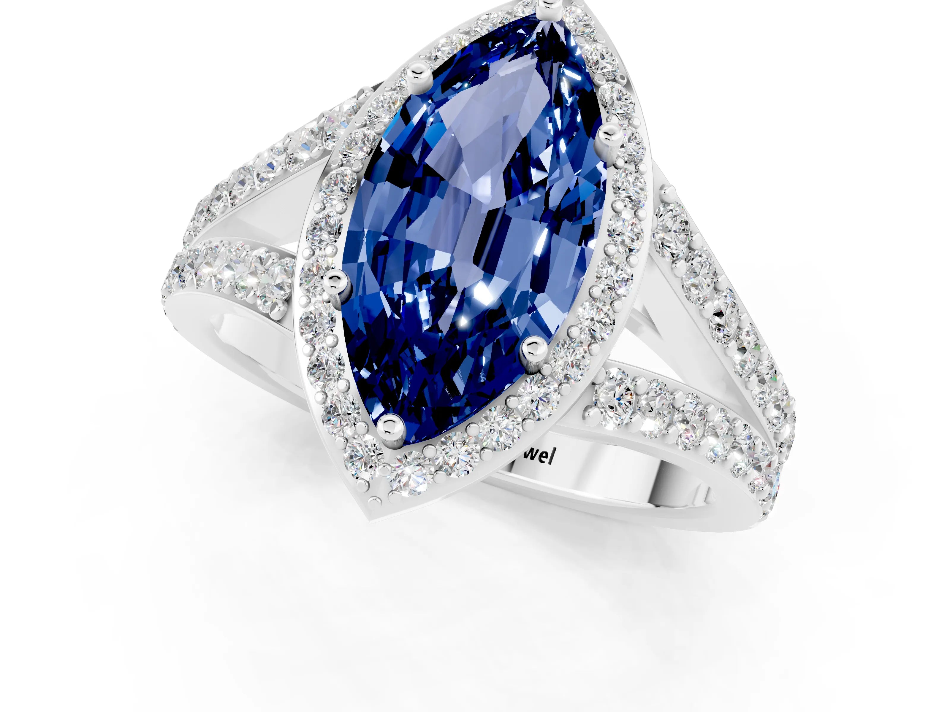 White gold Marquise Cut Blue Sapphire Split Shank Halo Ring with Four-Prong Setting_13