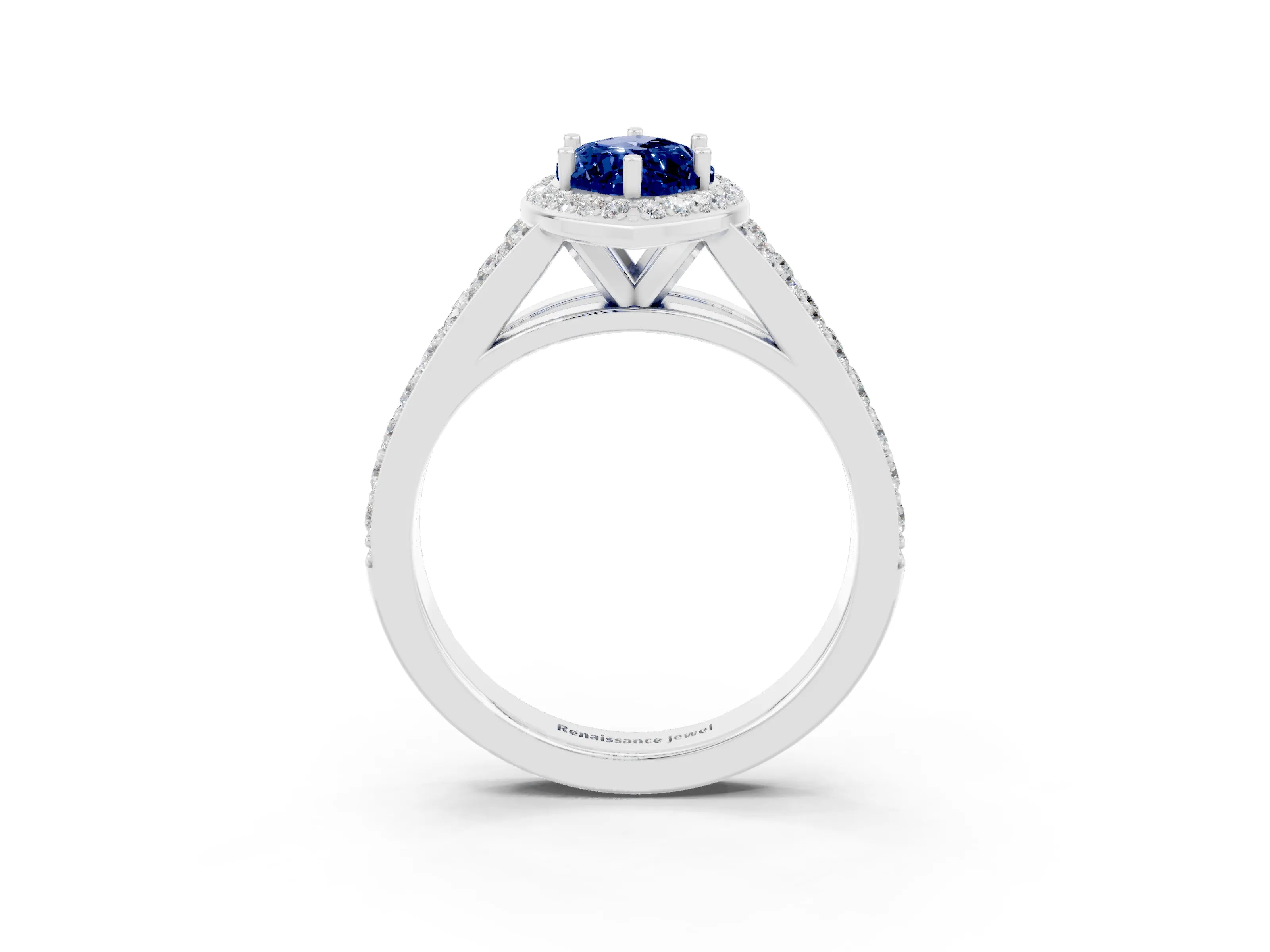 White gold Marquise Cut Blue Sapphire Split Shank Halo Ring with Four-Prong Setting_15