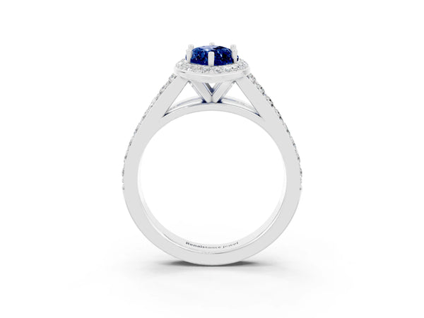 Silver Marquise Cut Blue Sapphire Split Shank Halo Ring with Four-Prong Setting