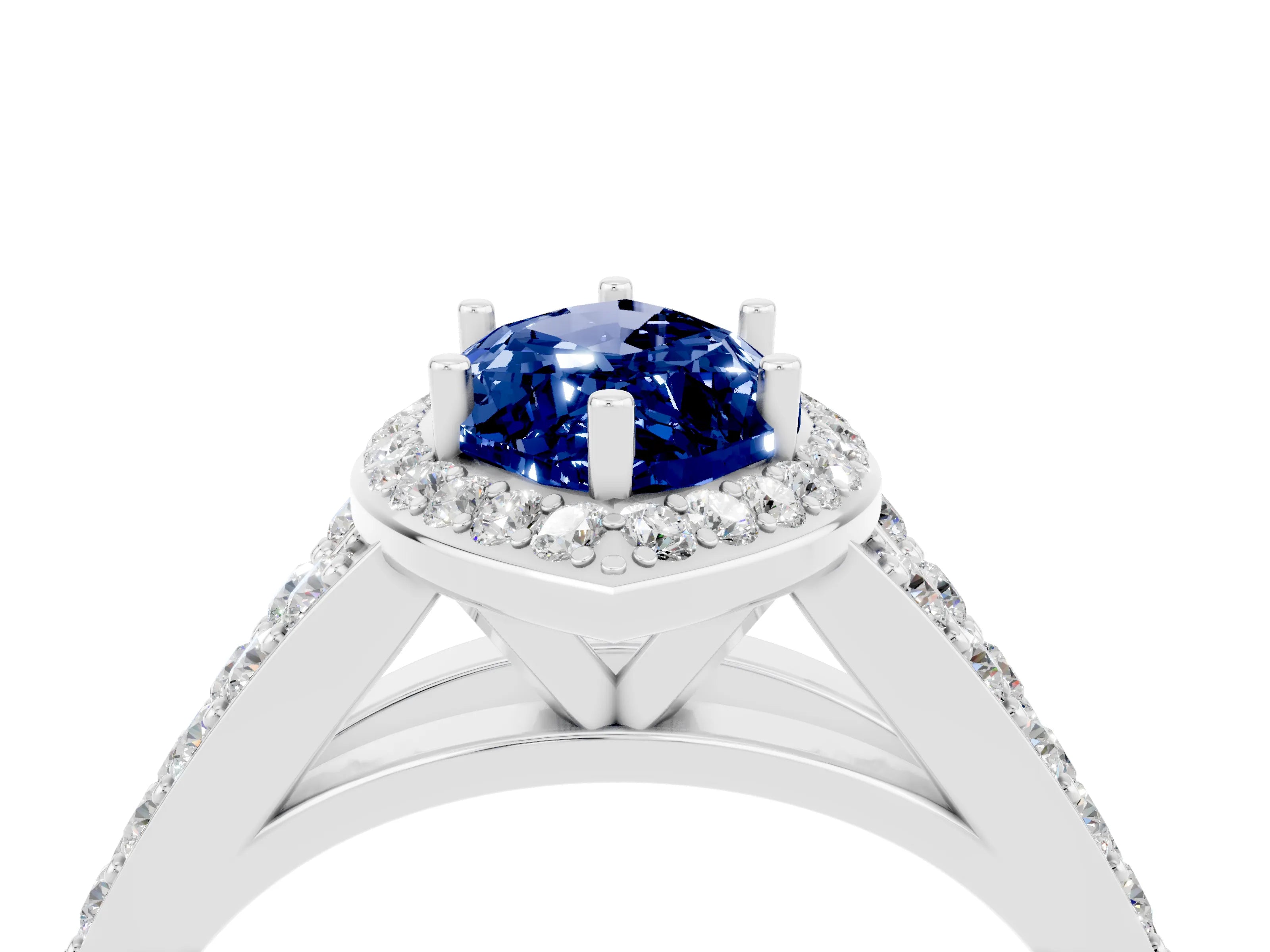 White gold Marquise Cut Blue Sapphire Split Shank Halo Ring with Four-Prong Setting_16