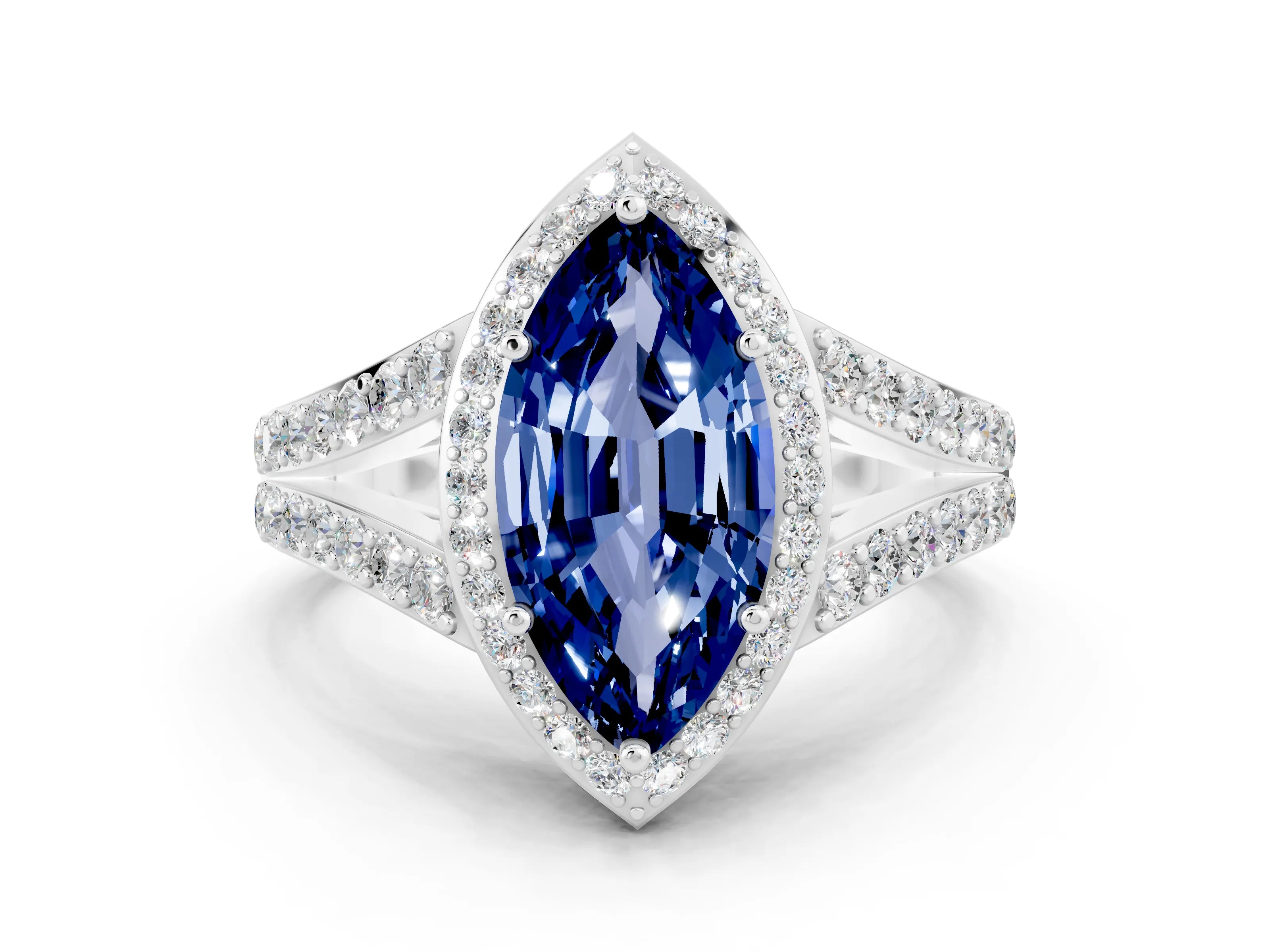 White gold Marquise Cut Blue Sapphire Split Shank Halo Ring with Four-Prong Setting_24