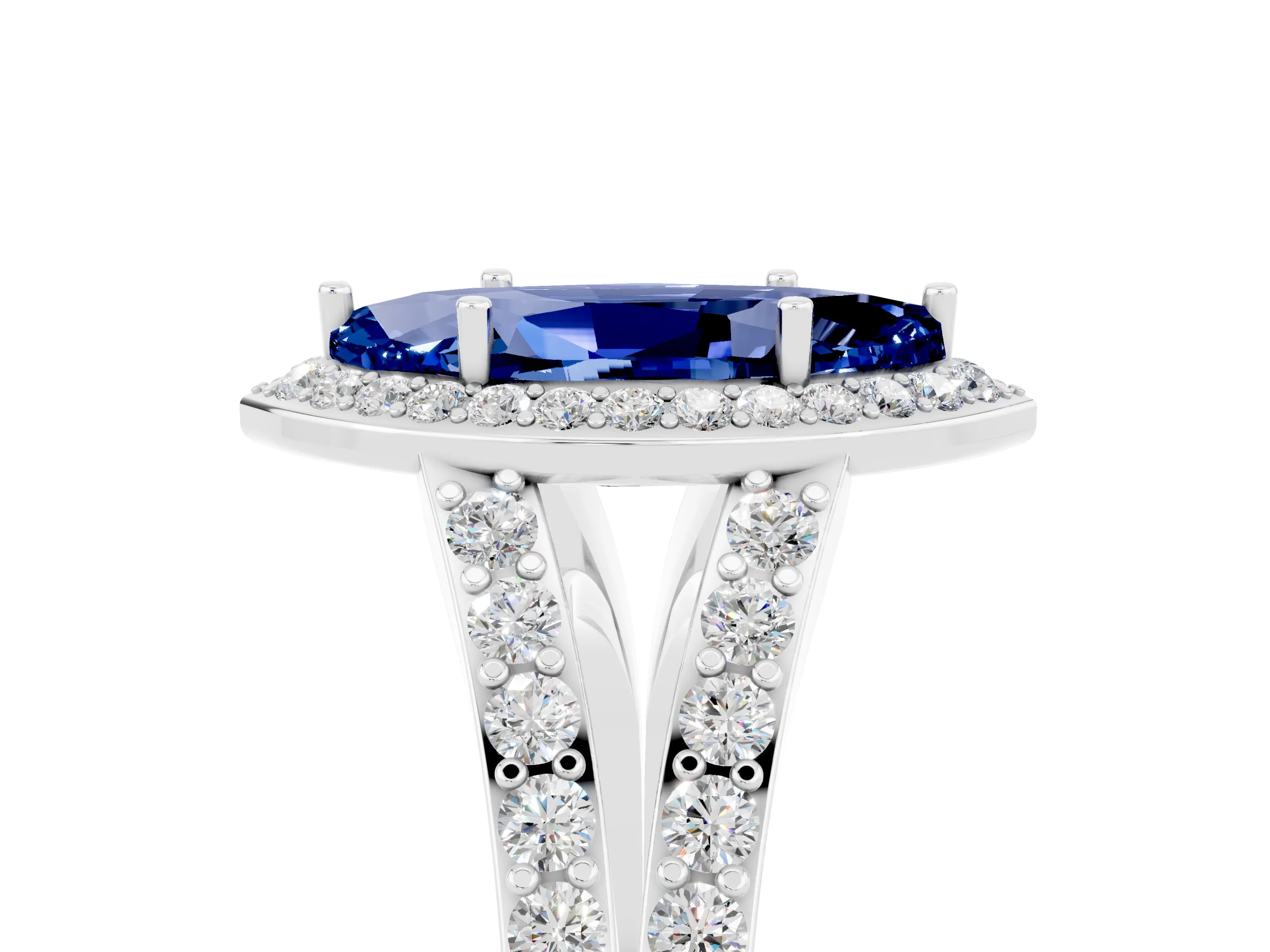 White gold Marquise Cut Blue Sapphire Split Shank Halo Ring with Four-Prong Setting_29