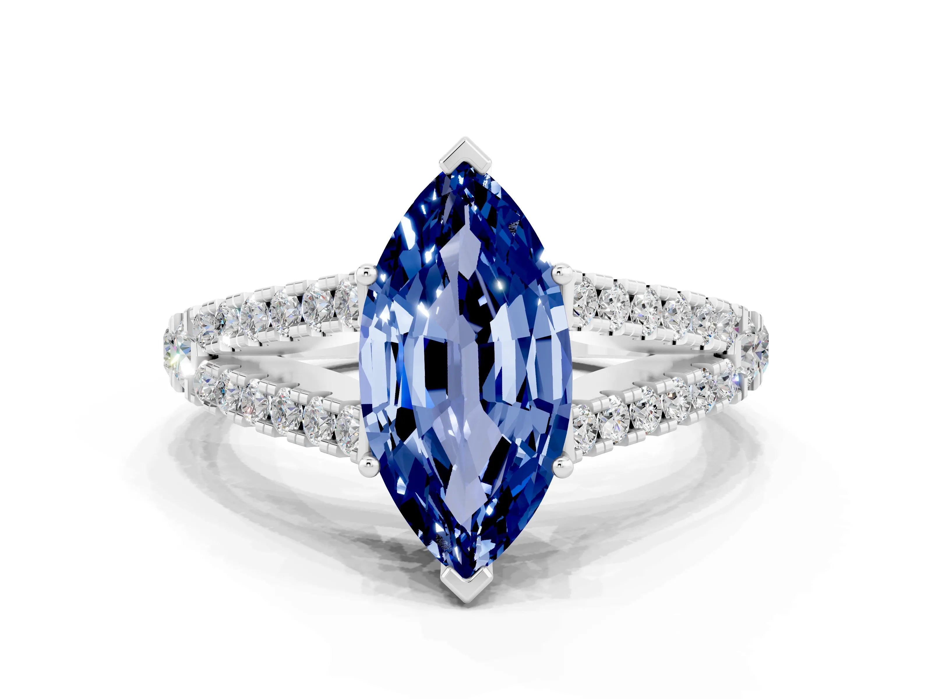 White gold Marquise Cut Blue Sapphire Split Shank Pavé Engagement Ring with Four-Prong Setting_12