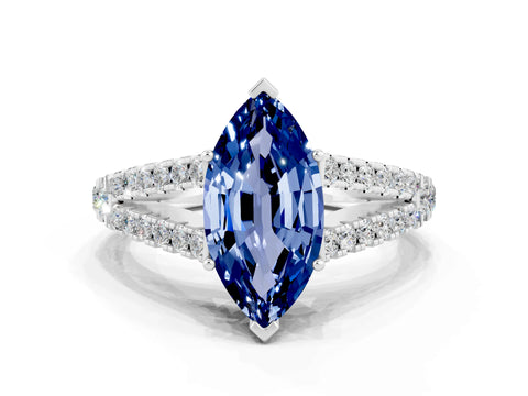 White gold Marquise Cut Blue Sapphire Split Shank Pavé Engagement Ring with Four-Prong Setting_12