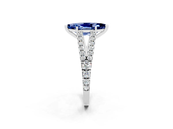 Platinum Marquise Cut Blue Sapphire Split Shank Pavé Engagement Ring with Four-Prong Setting