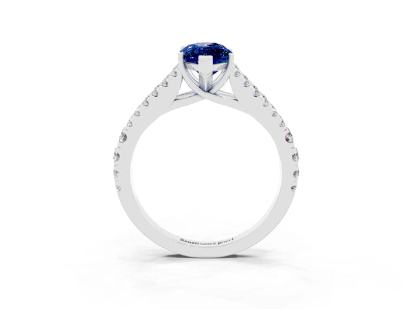 Silver Marquise Cut Blue Sapphire Split Shank Pavé Engagement Ring with Four-Prong Setting