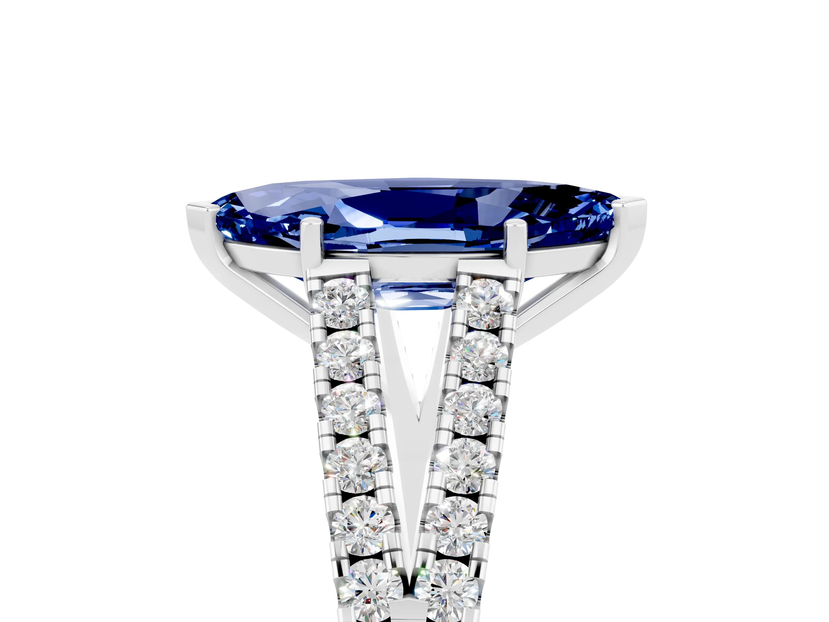White gold Marquise Cut Blue Sapphire Split Shank Pavé Engagement Ring with Four-Prong Setting_17