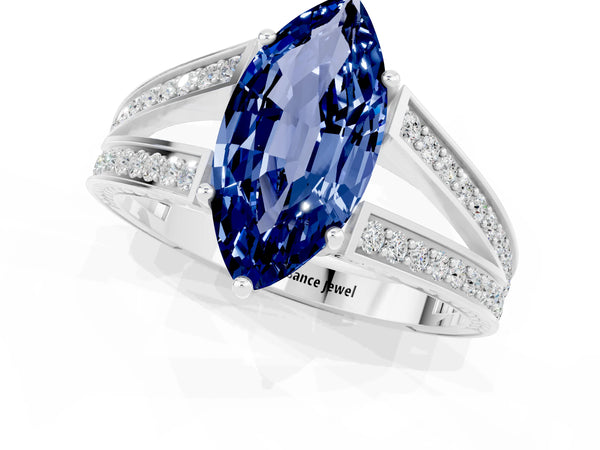 Platinum Marquise Cut Blue Sapphire Split Shank Ring with Pavé Band and Four-Prong Setting