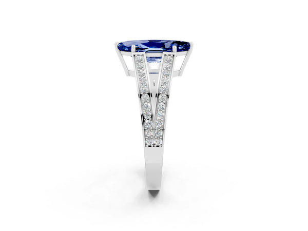 White gold Marquise Cut Blue Sapphire Split Shank Ring with Pavé Band and Four-Prong Setting