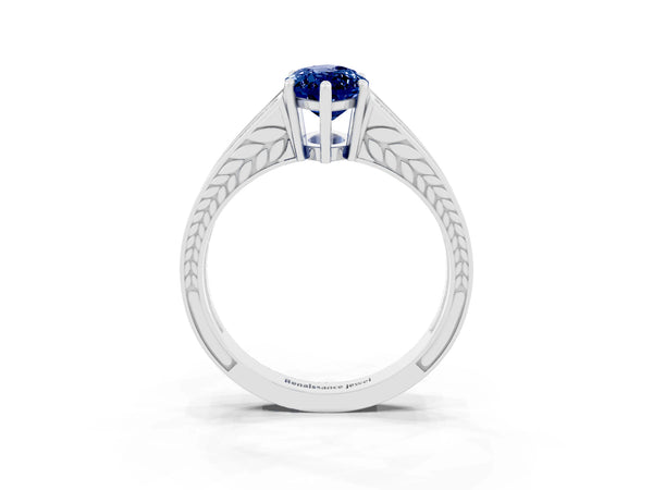 Platinum Marquise Cut Blue Sapphire Split Shank Ring with Pavé Band and Four-Prong Setting